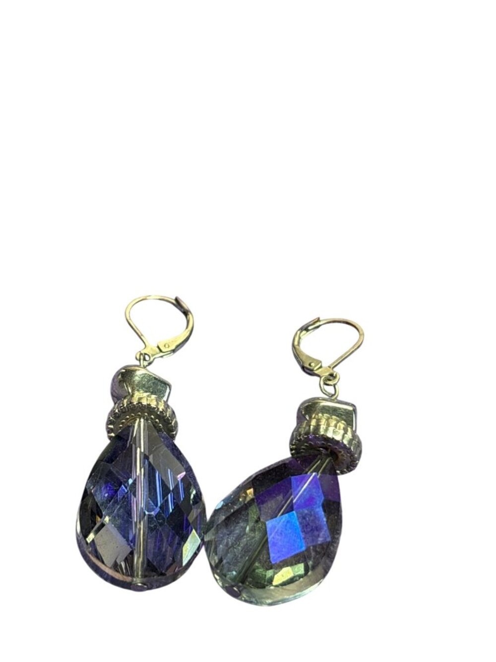 Iridescent Purple Grey Glass Teardrop Dangle Leverback Earrings Silvertone